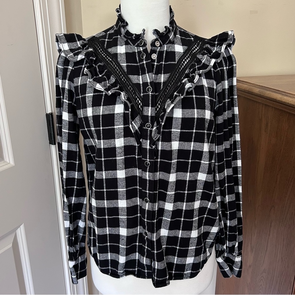 Kate Spade Rustic Western Plaid Flannel Button Down Shirt with Ruffle Detail
